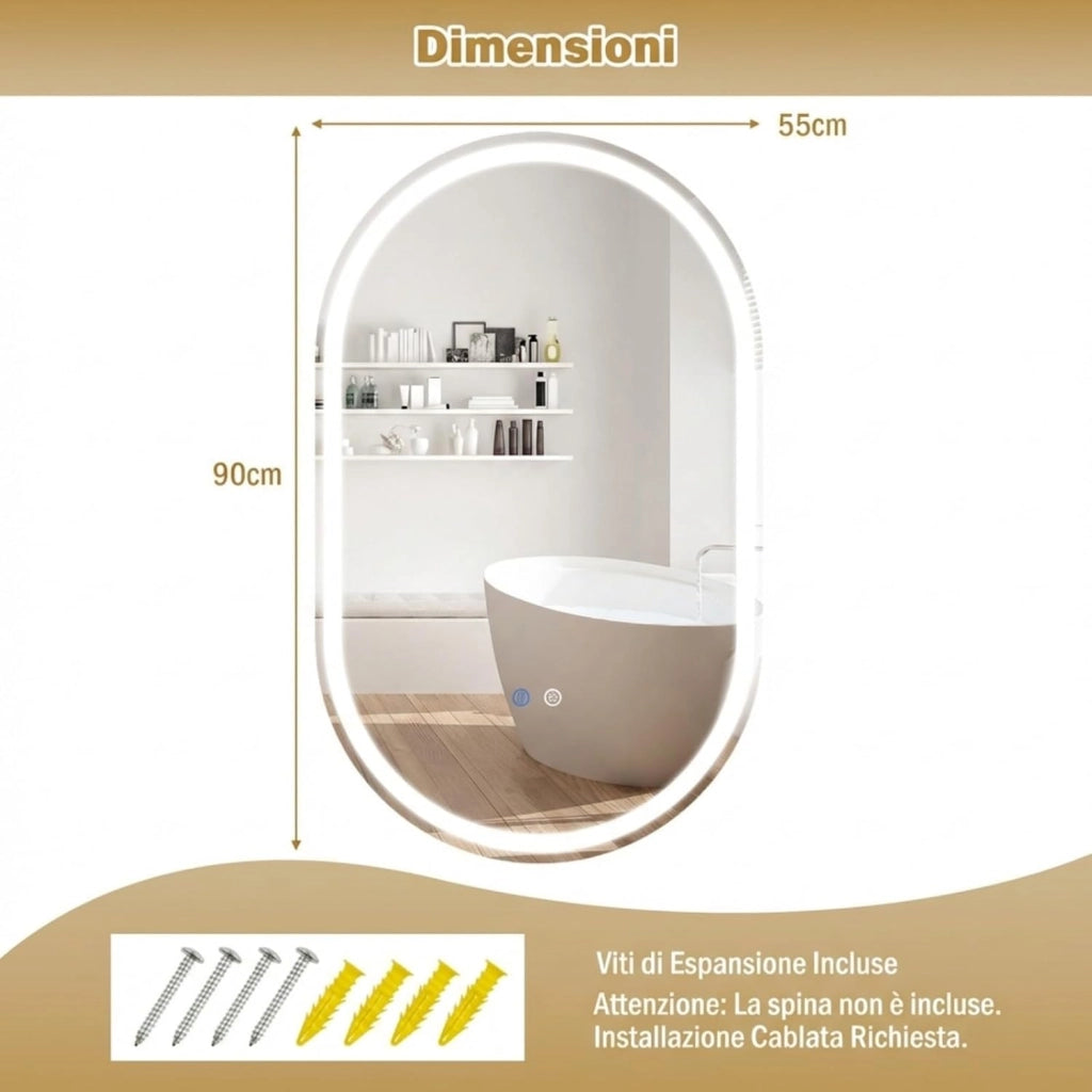 Specchio Bagno con Luce 90 x 55 cm, Specchio Ovale da Parete in Vetro Temperato IP44 con 3 Colori Dimmerabile, Antiappannamento, Memoria, Orizzontale/Verticale (90 x 55 cm, Modello 2)