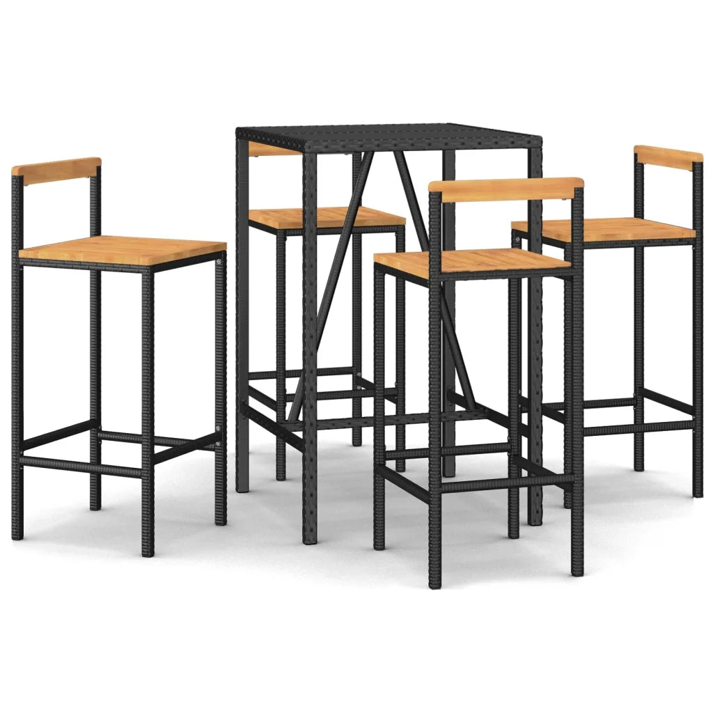 Set Bar Giardino 5 pz Nero Polyrattan e Legno Massello Acacia 3187691