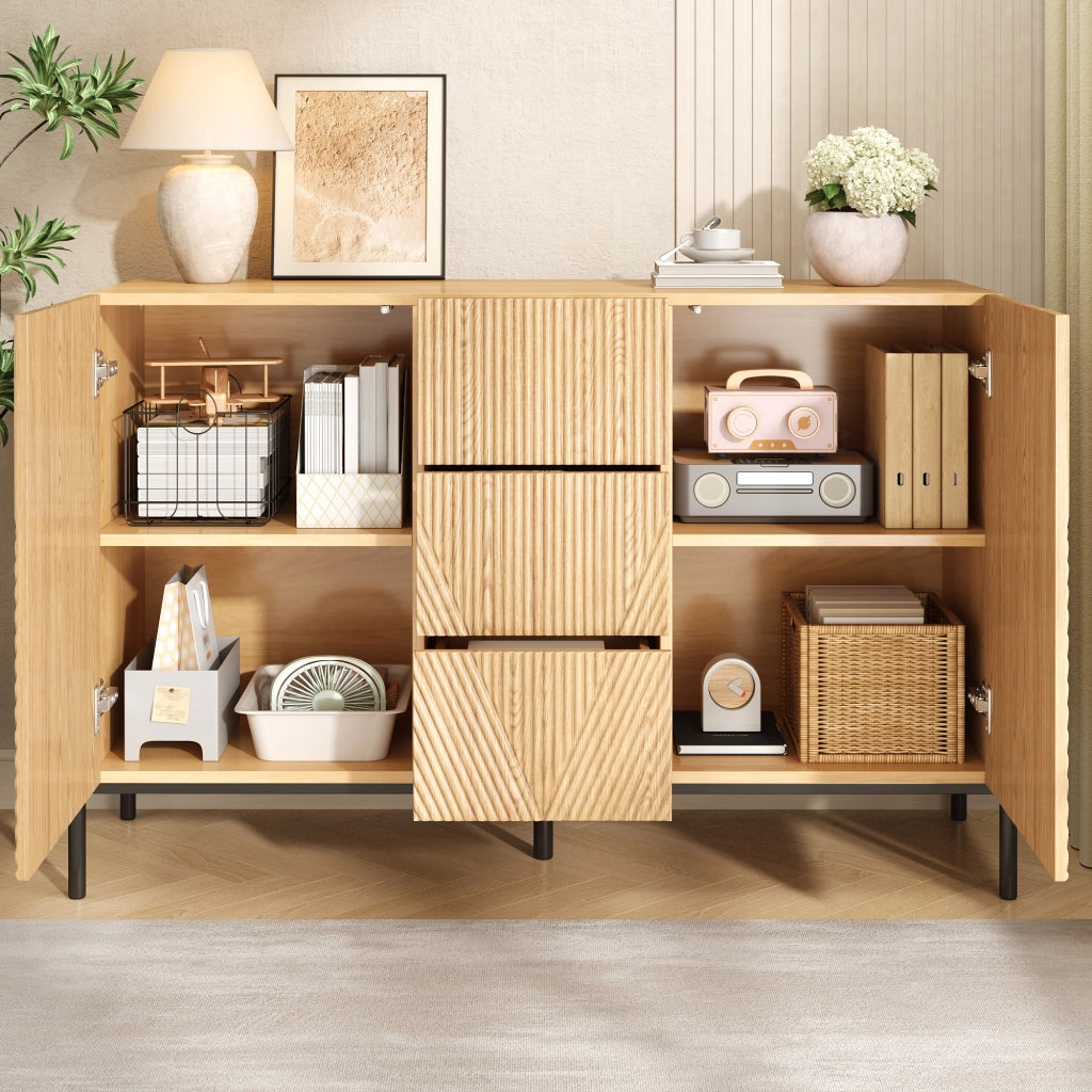 OKWISH Credenza con 2 Ante e 1 Cassetto, Frontali Geometrici, Gambe in Metallo, MDF, Naturale, 115,5 x 40 x 76 cm