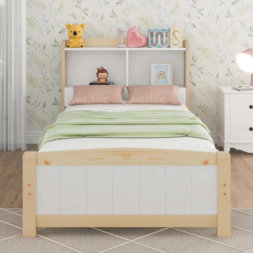 Letto singolo 90x200 cm in legno massello con testiera contenitore, bianco