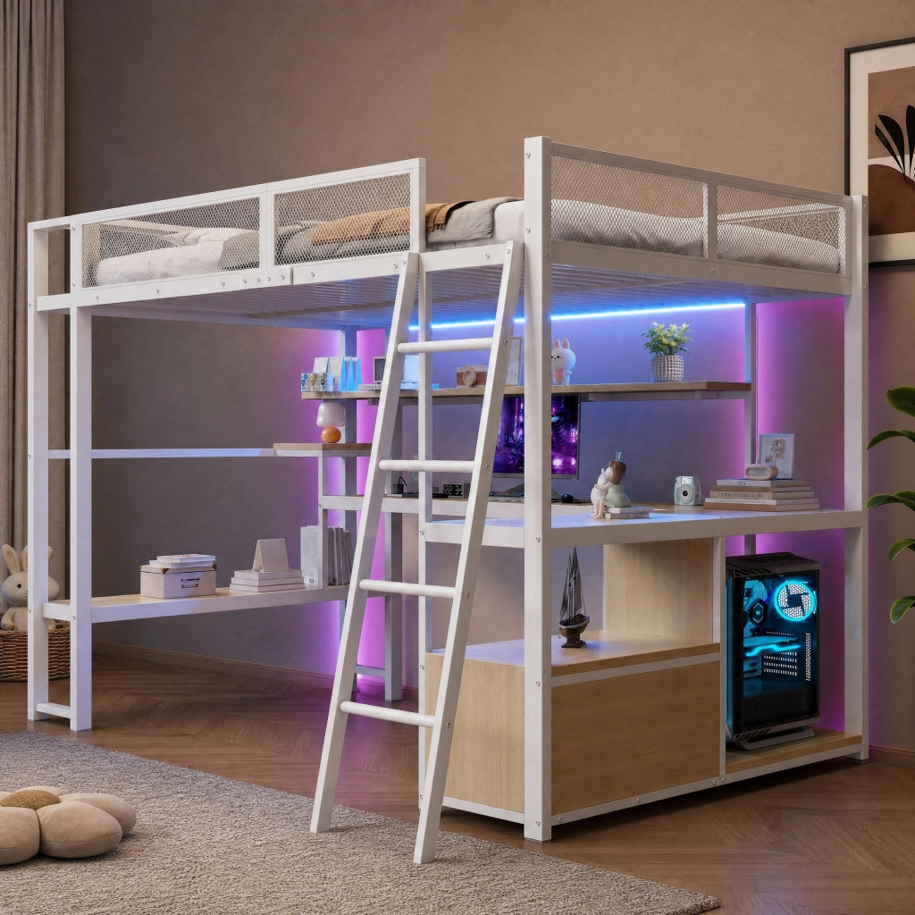 Letto a soppalco gaming 140x200 cm con scrivania e LED