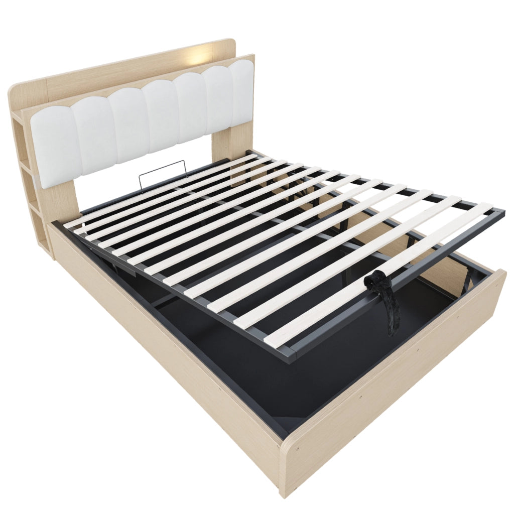 Letto contenitore 140 × 200 cm et 180 × 200 cm con testiera imbottita, USB, luce notturna, senza materasso, naturale