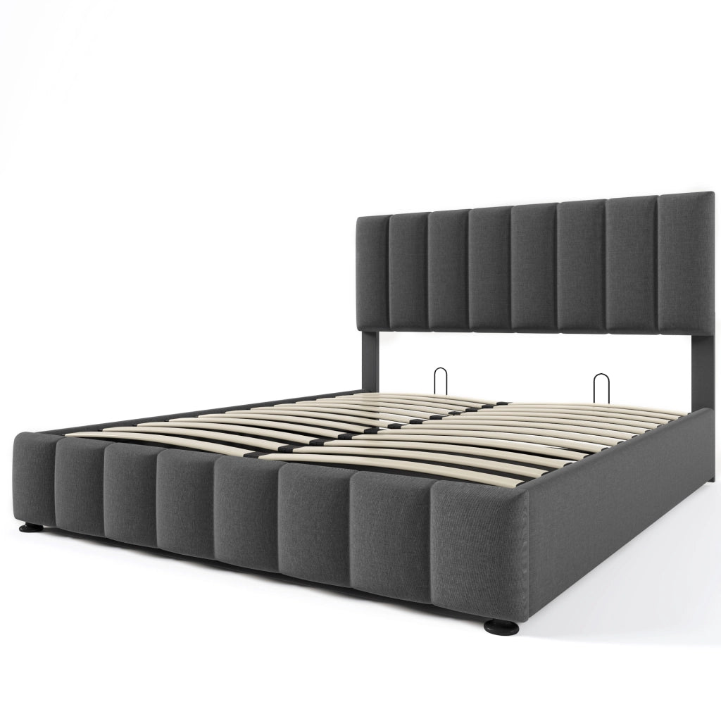Letti contenitori 140x200 cm; testiera regolabile; lino; grigio; (Senza materasso)