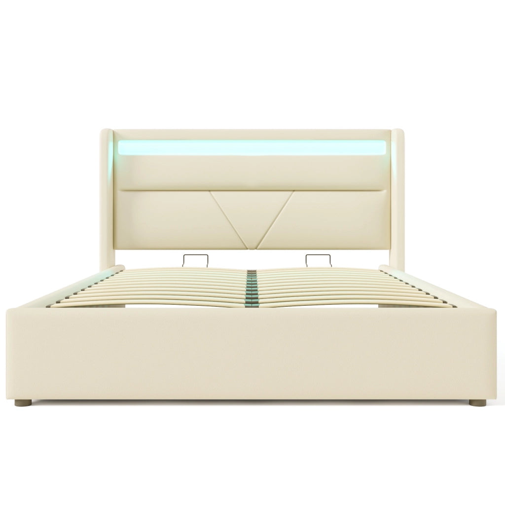 Letto matrimoniale imbottito 160x200 cm con contenitore; LED e rete ribaltabile; bianco in PU