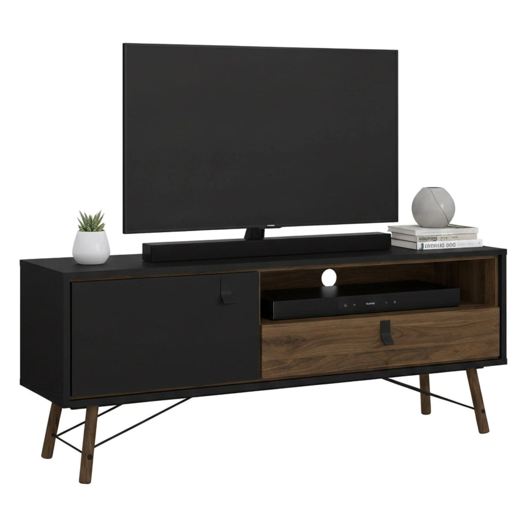 Mobile porta TV Antoine, Credenza da soggiorno, Armadio basso per TV, Base parete attrezzata, 150x40 h60 cm, Nero e Noce