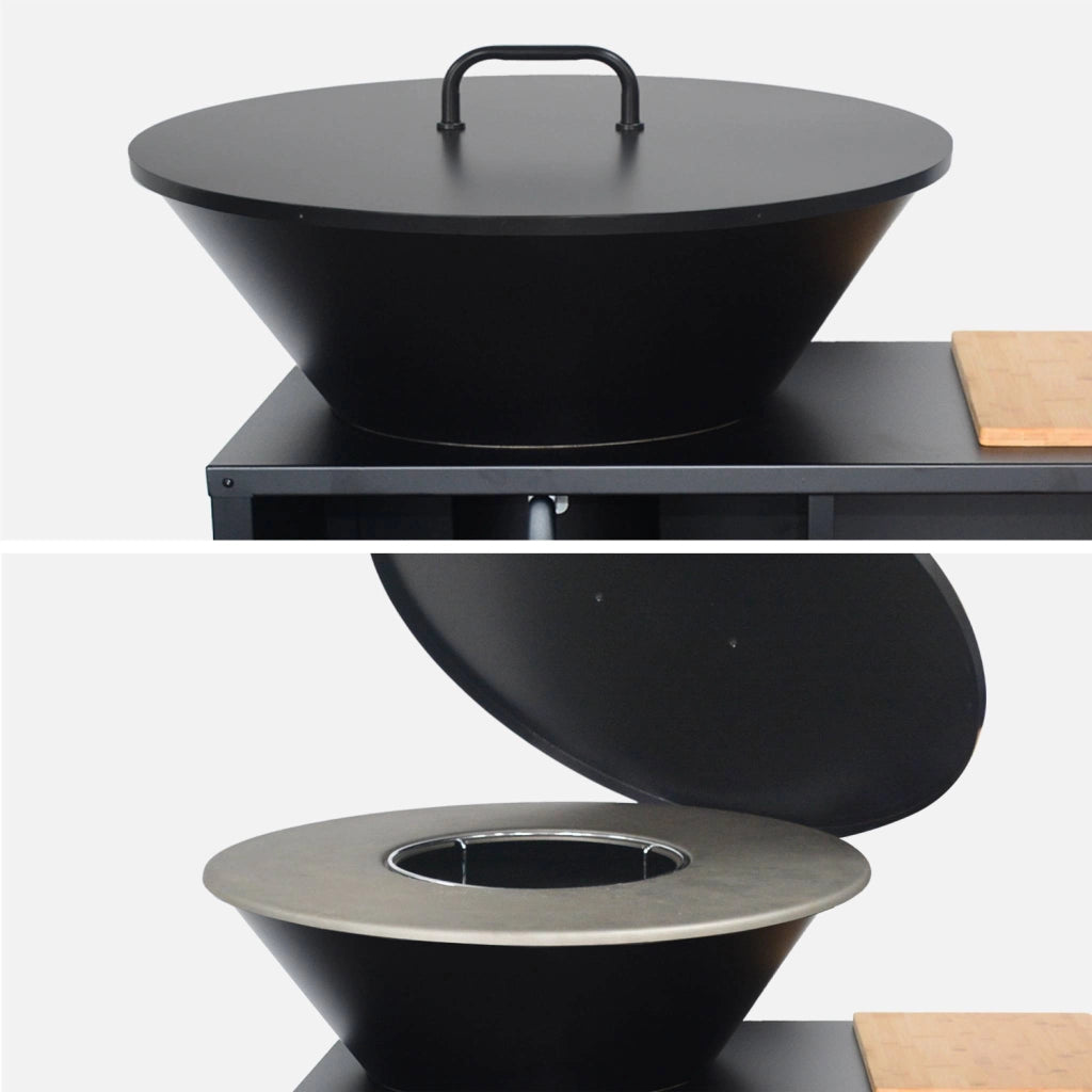 Braciere barbecue ø80cm, carrello con spazi di stoccaggio, coperchio e