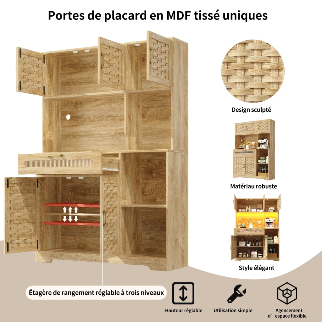 Credenza Alta da Cucina con Ante in Vetro e Ripiani Regolabili con LED per Cucina in MDF 120x40x180 cm Naturale