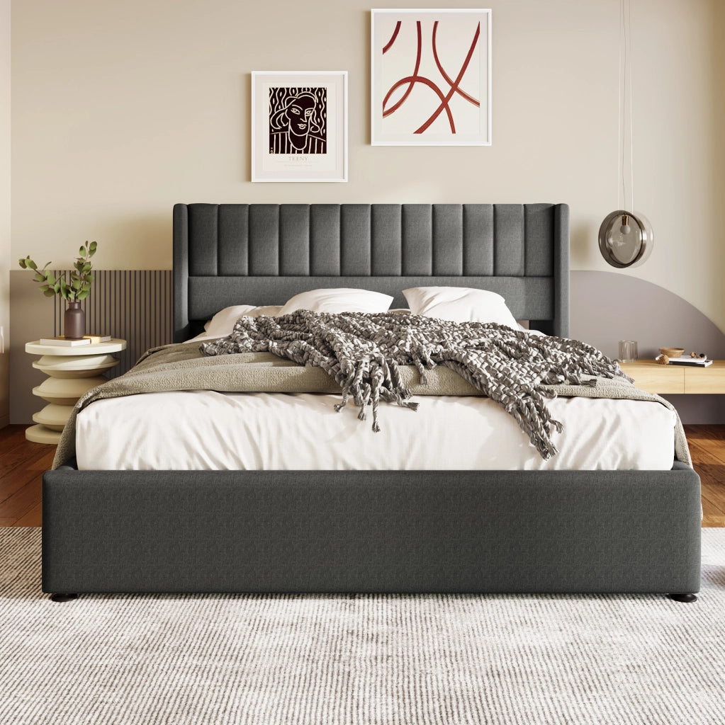 Letto matrimoniale imbottito con contenitore idraulico 160x200 cm in lino; grigio