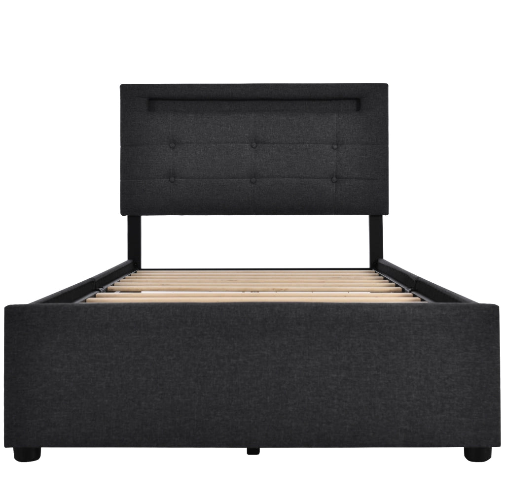 Letto singolo 90x200 cm con LED e 2 cassetti; tessuto in lino