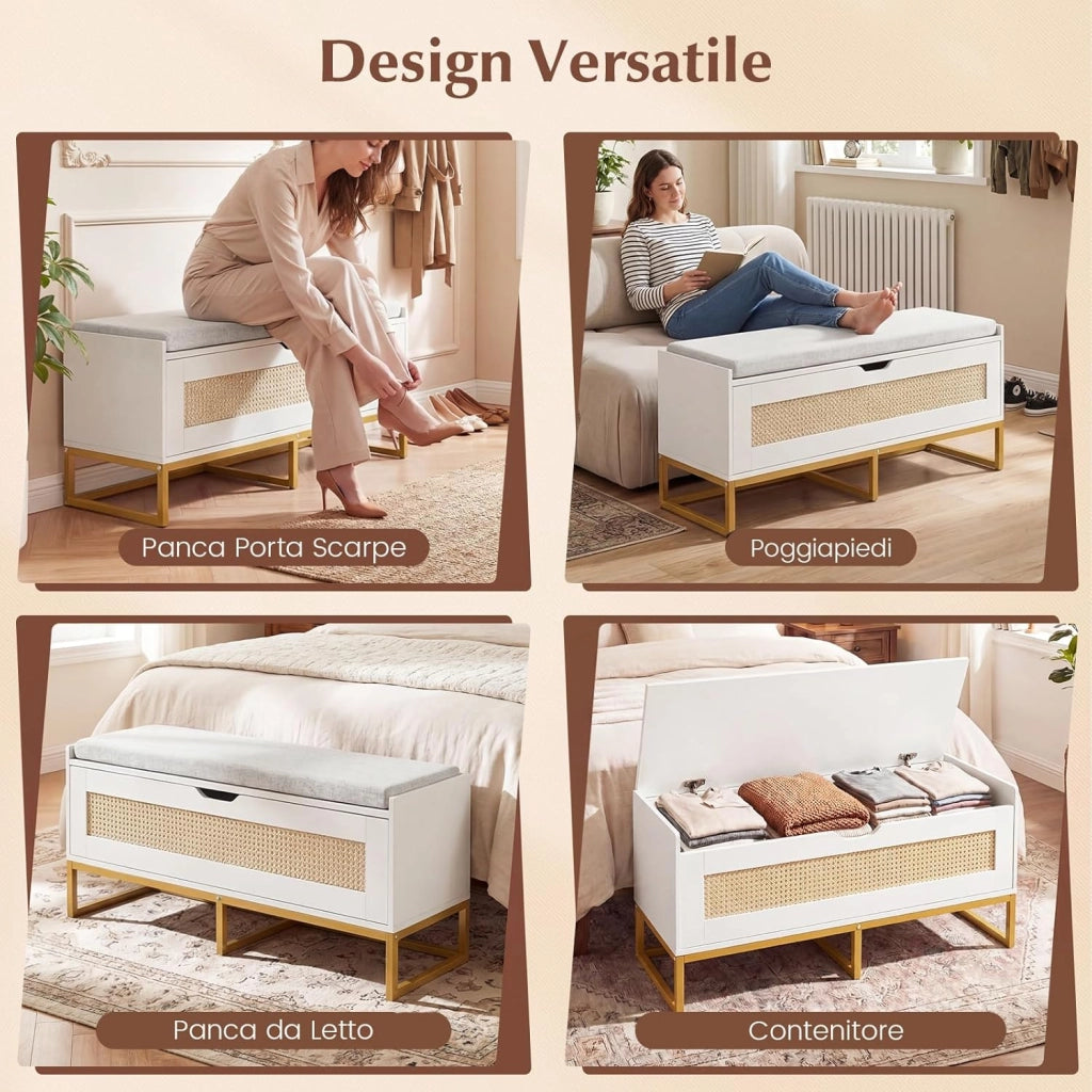71L Panca Scarpe con Seduta Imbottita, Cassa Portaoggetti in Rattan con Coperchio Ribaltabile, Panchina da Ingresso con Spazio Nascosto, 100x35x44 cm (Bianco)