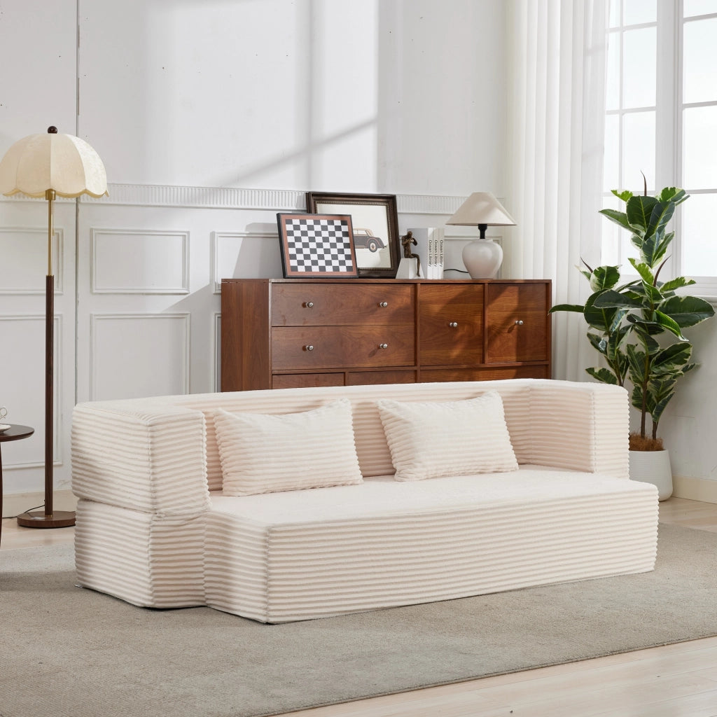 Divano letto modulare a terra 3 posti in tessuto a coste con funzione letto e 2 cuscini, senza montaggio, beige