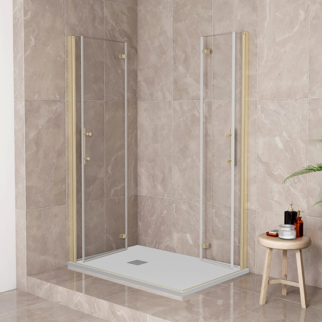 185 cm Box Doccia Angolare 76x90 cm Doppia Porta Battente Pieghevole Vetro Temperato Trasparente 6 mm Anticalcare Telaio Dorato Spazzolato