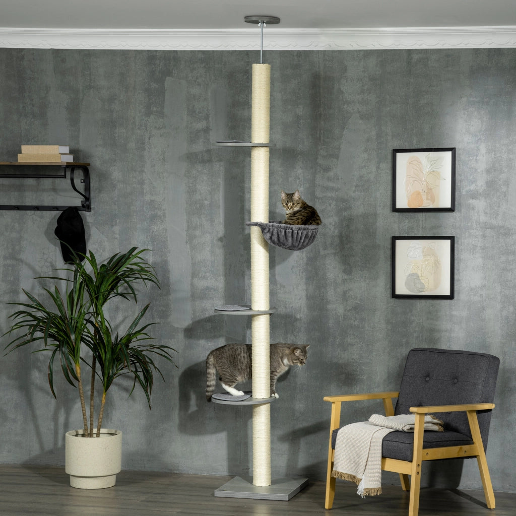 Albero tiragraffi da soffitto regolabile 230-250 cm grigio con tiragraffi, pedane e amaca per gatti fino a 5 kg