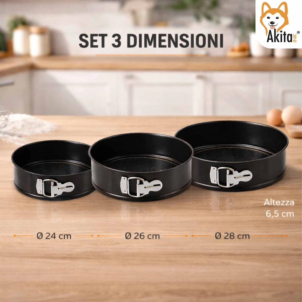 Akitaink Set 3 Tortiere a Cerniera 24 26 28 cm Antiaderenti