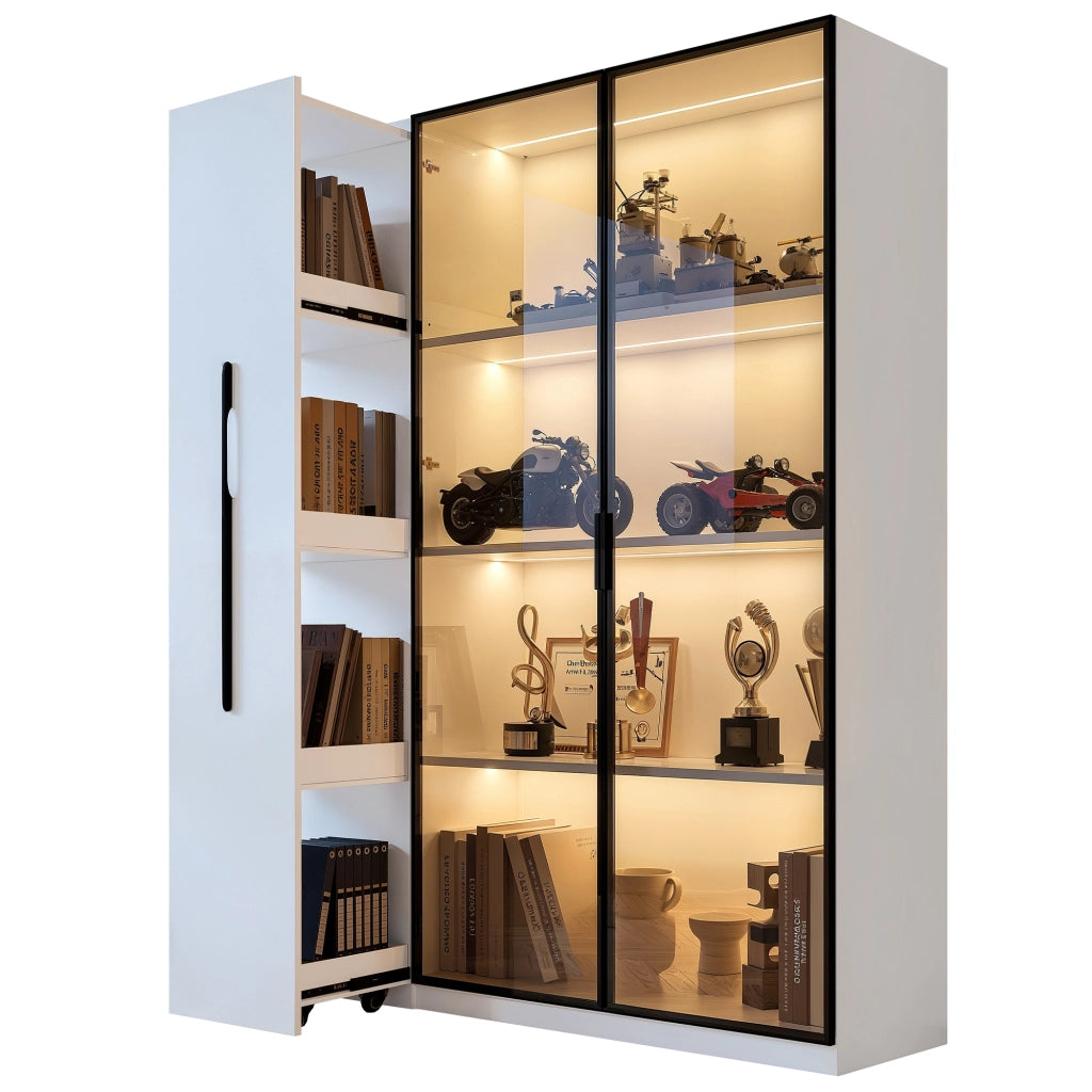 Vetrina con Porta in Vetro; Mobile con Ruote e LED per Soggiorno o Sala da Pranzo in MDF 110.5 × 35 × 160 cm Bianco