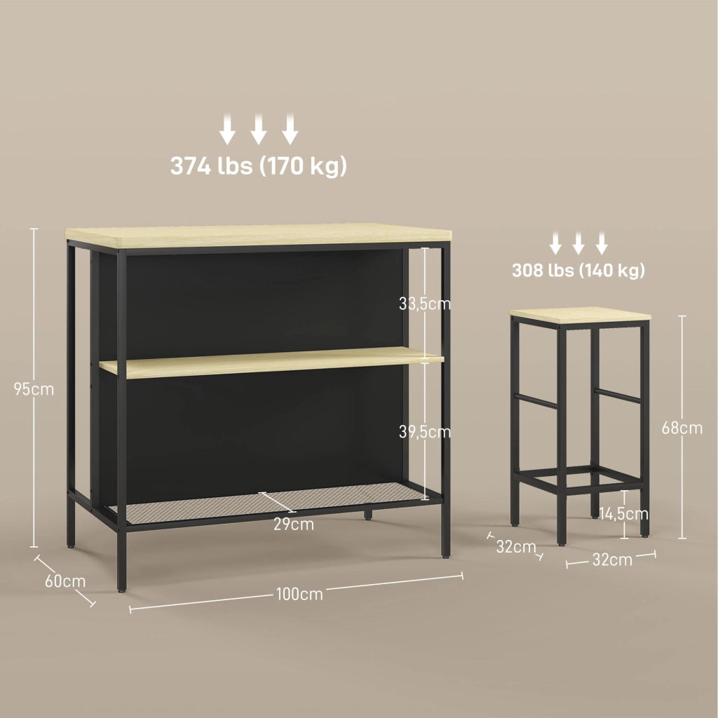 Tavolo da bar ¨C zephmum ¨C con 2 sgabelli, ripiano, metallo nero, effetto legno