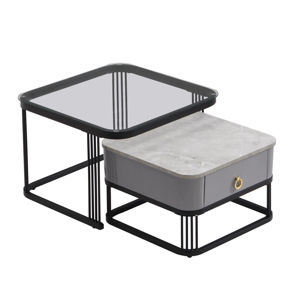 Tavolini da salotto modulari con 2 cassetti e piano effetto marmo in MDF colore nero e grigio