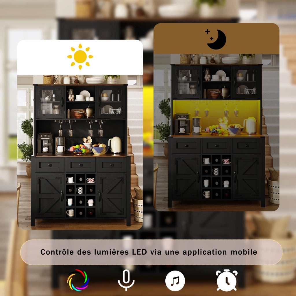 OKWISH Credenza Alta da Cucina con 4 Ante e 3 Cassetti, LED, Prese e Porte USB, per Cucina o Soggiorno, 120×40×170 cm