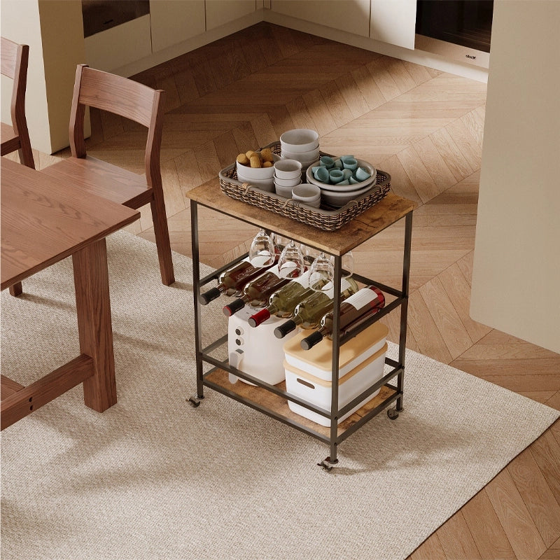 Mobiletto su ruote, marrone rustico, tavolo, ripiano, carrello da cucina, stile loft