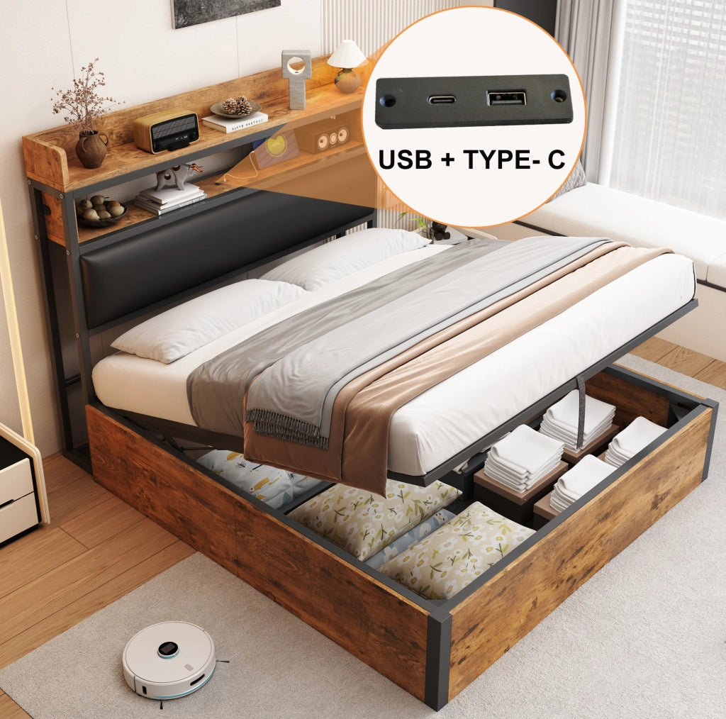 Letto matrimoniale 140x200 cm con contenitore; testiera imbottita con USB; nero