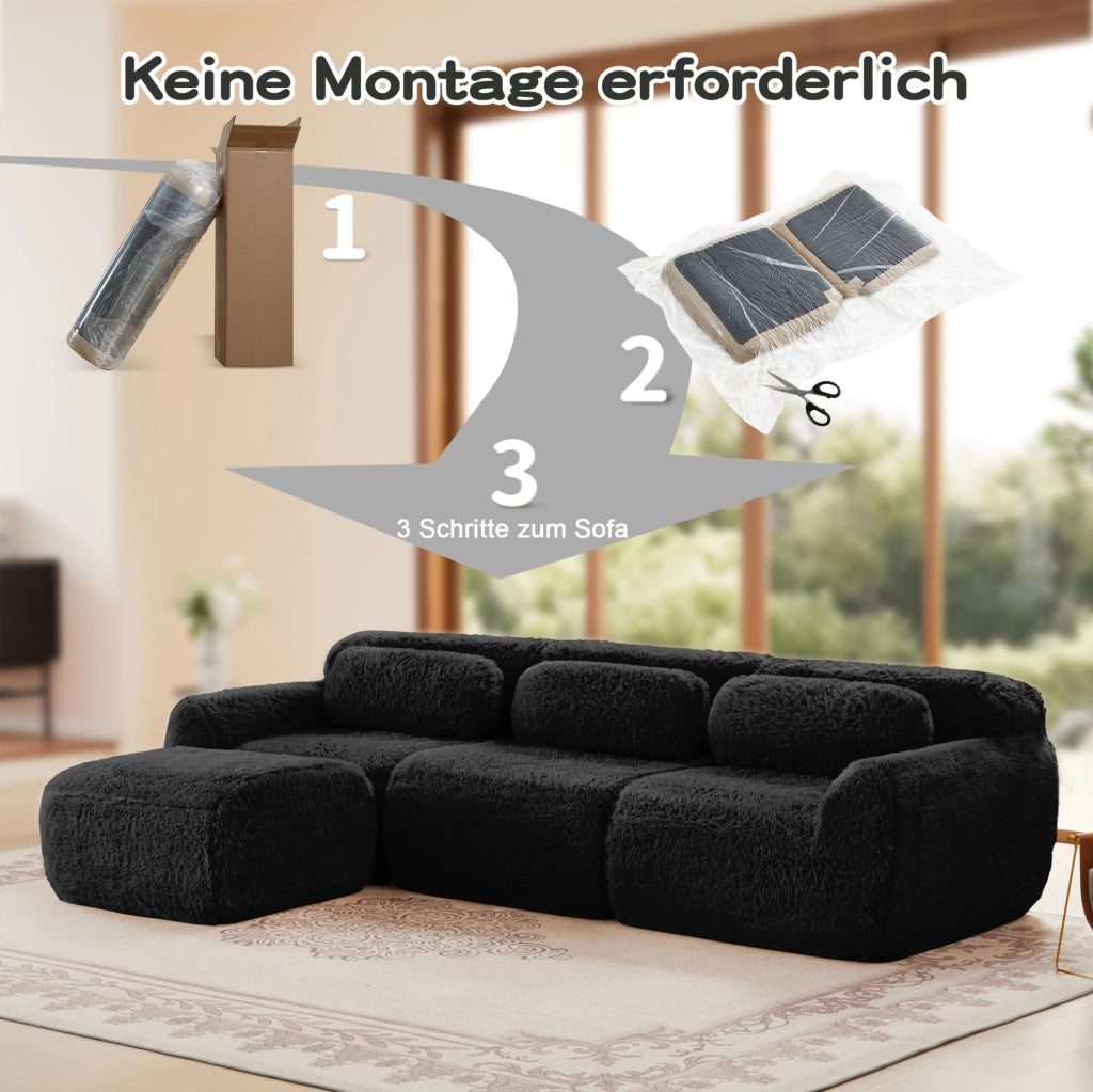 Divano modulare angolare a L 291x179x73 cm in tessuto peluche nero; senza montaggio