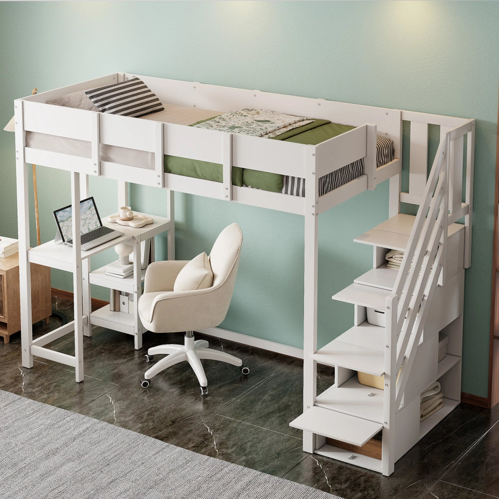 OKWISH Letto a Soppalco 90×200 cm, Letto Singolo con Scala Contenitore, Mensola e Sponde, senza Materasso, in Legno, Bianco