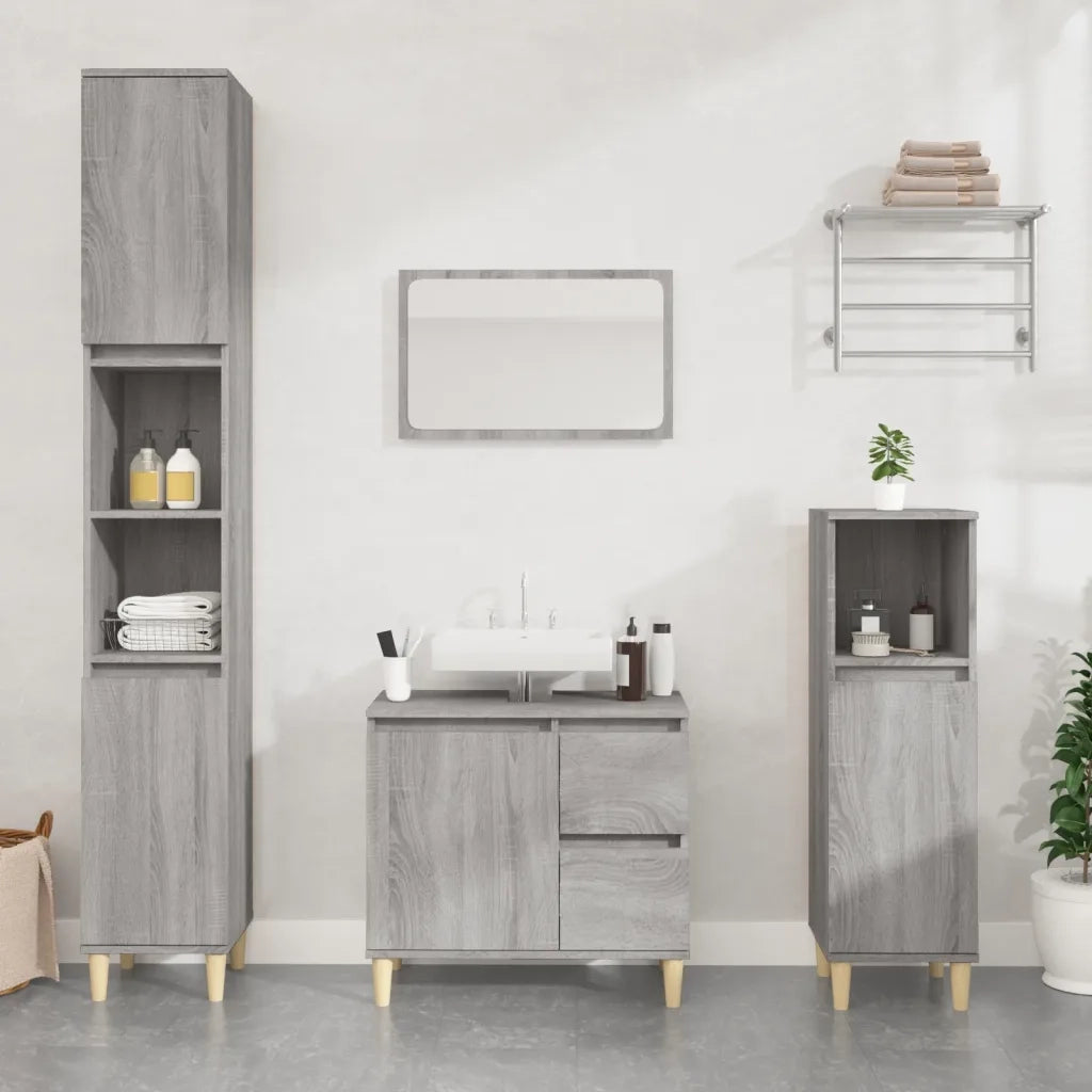 Set Mobili da Bagno | Armadio da bagno 3 pz Grigio Sonoma in Legno Multistrato