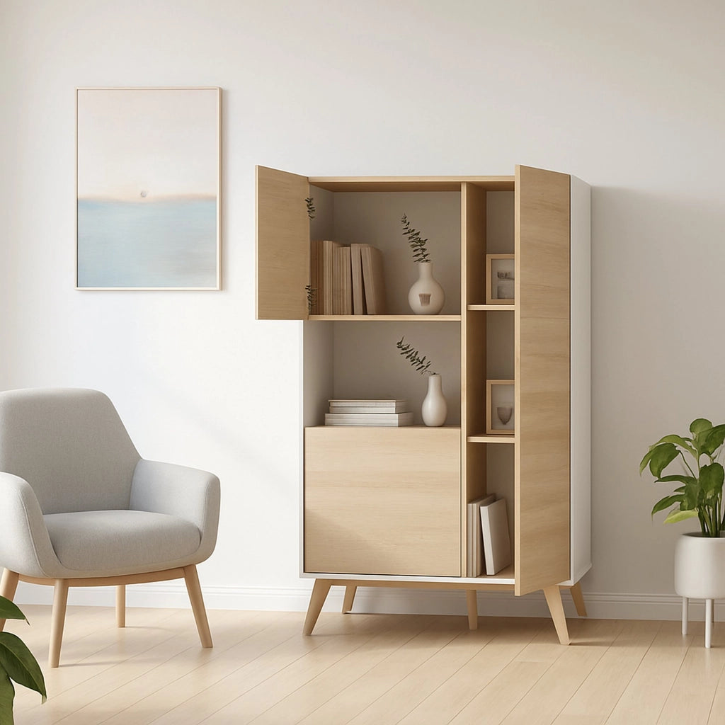 Credenza Crono, Buffet alto da soggiorno, Madia moderna da salotto a 3 ante, 81x43h135 cm, Rovere e Bianco