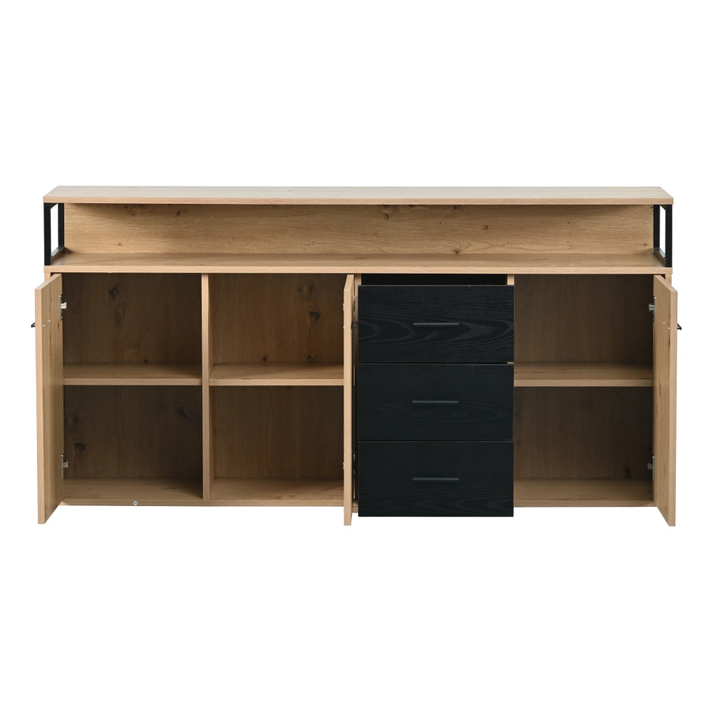 Credenza ULEVR 150x35x75,9 cm con 3 ante, 3 cassetti e ripiani regolabili, nero e marrone