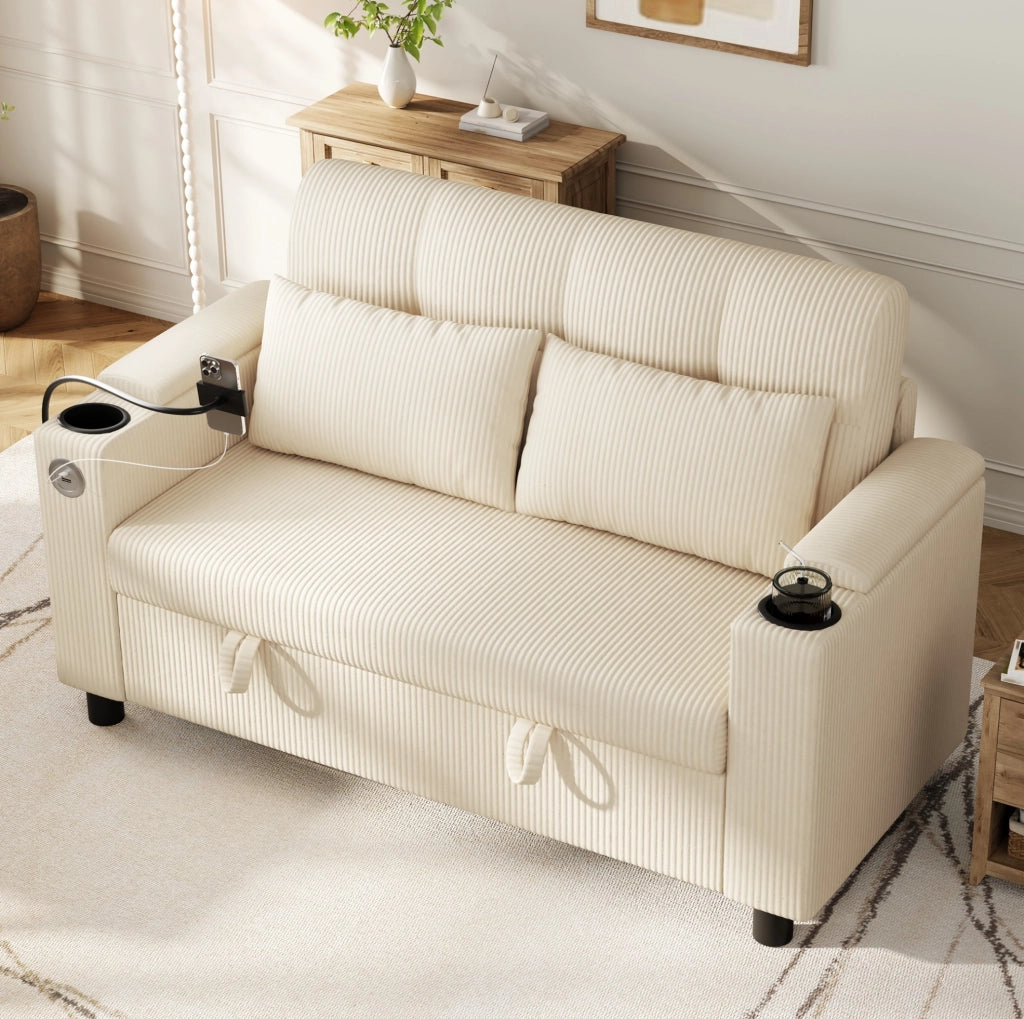 Divano 2 posti con contenitore; USB/Type-C e portabevande in velluto a coste beige HOMVRA
