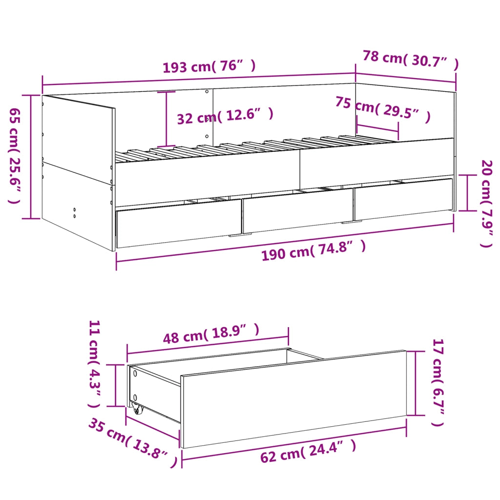 Divano Letto con Cassetti senza Materasso 75x190 cm 3280837