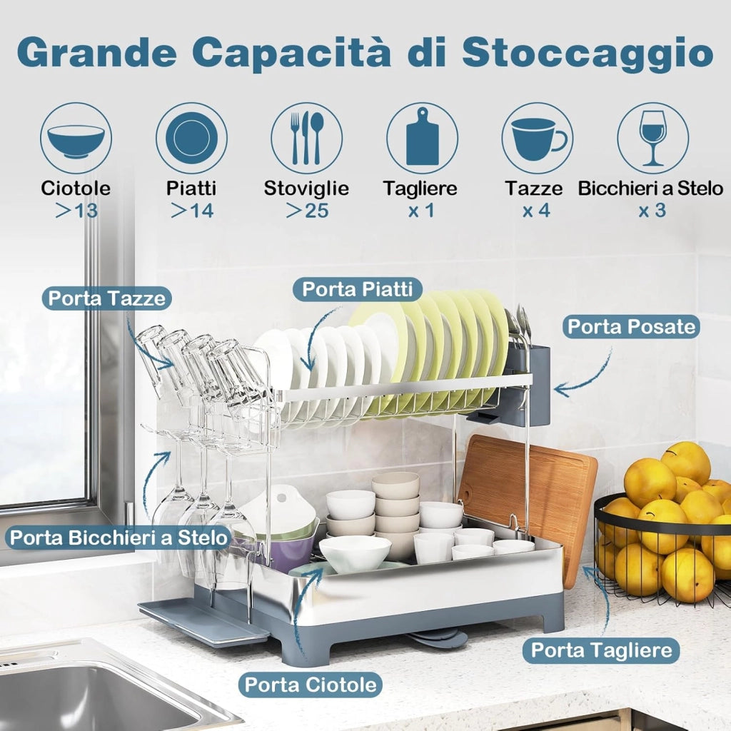 Scolapiatti da Appoggio a 2 Livelli, in Acciaio Inox con Porta Bicchieri, Piatti, Ciotole, Tazze, Posate e Vassoio Raccogligocce, Scolapiatti da Lavello con Ugello Estensibile Girevole a 360°