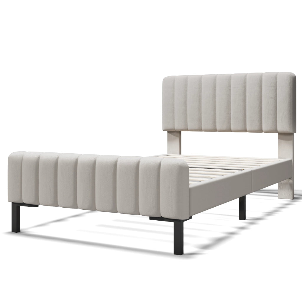 Letto singolo imbottito 90x200 cm con testiera regolabile, rete a doghe in pino e materasso 7 zone, grigio-beige