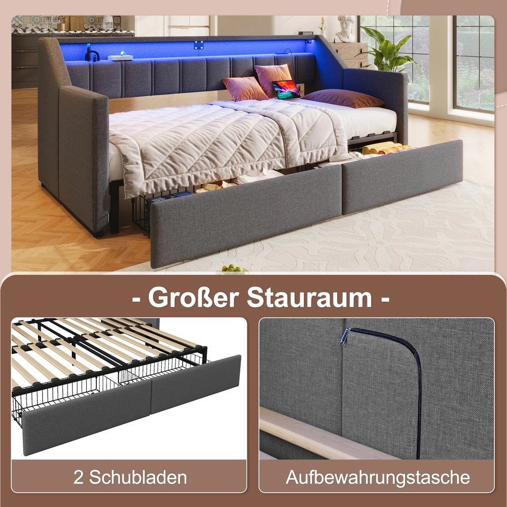 Letto Contenitore Estraibile con LED e Cassetti ¨C MINIMAL ¨C Grigio 90x200