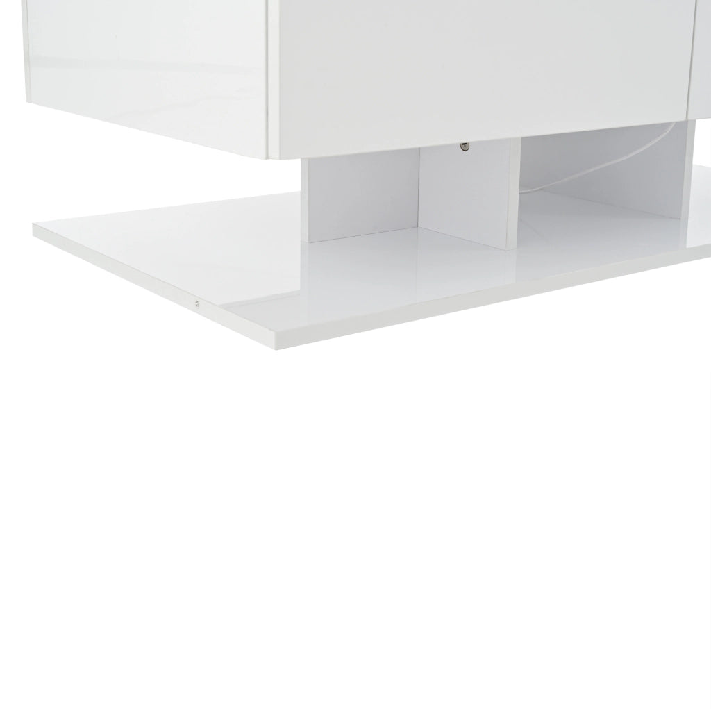Tavolino da salotto 100x50x35 cm; 2 cassetti con LED e piano in vetro temperato; truciolare bianco