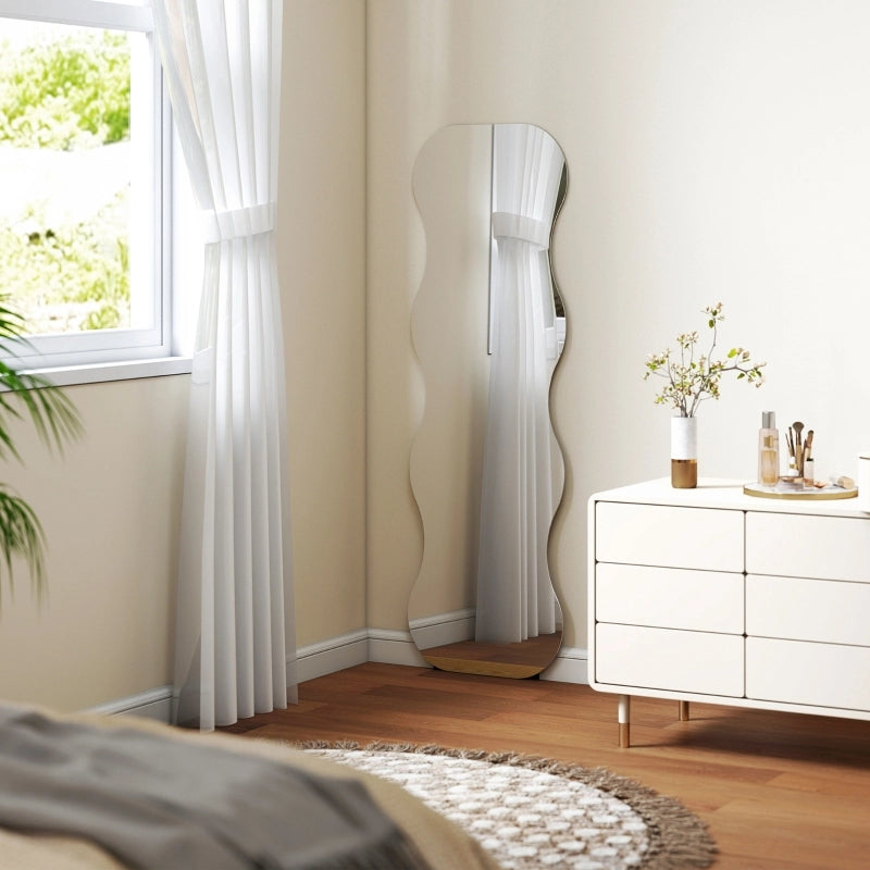 Specchio a figura intera senza cornice, base in legno, posizionabile in modo flessibile, forma ondulata, nero