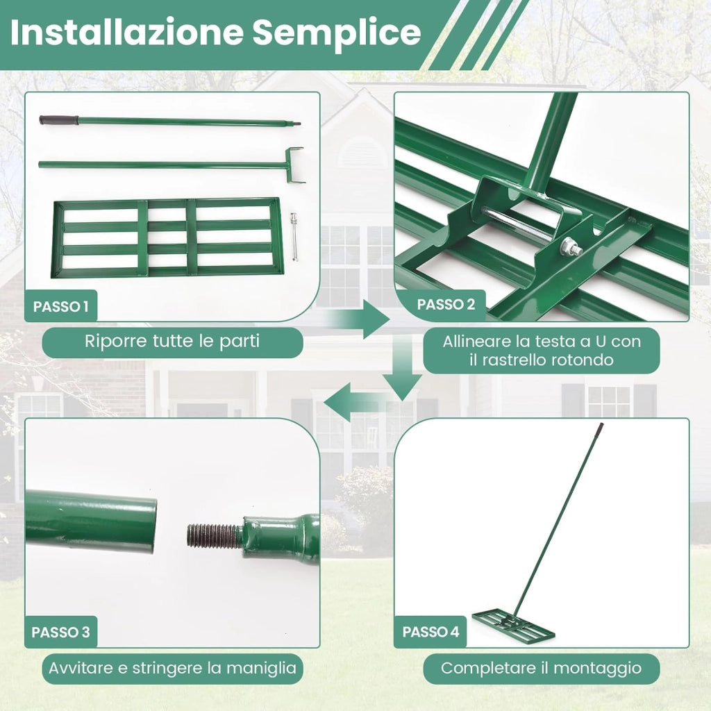 Rastrello Livellatore per Prato, Attrezzo per la Livellatura del Prato con Manico Ergonomico, Livellatrice per Giardino, Cortile, Campo da Golf, Fattoria e Pascolo (Verde 75 x 25 cm)