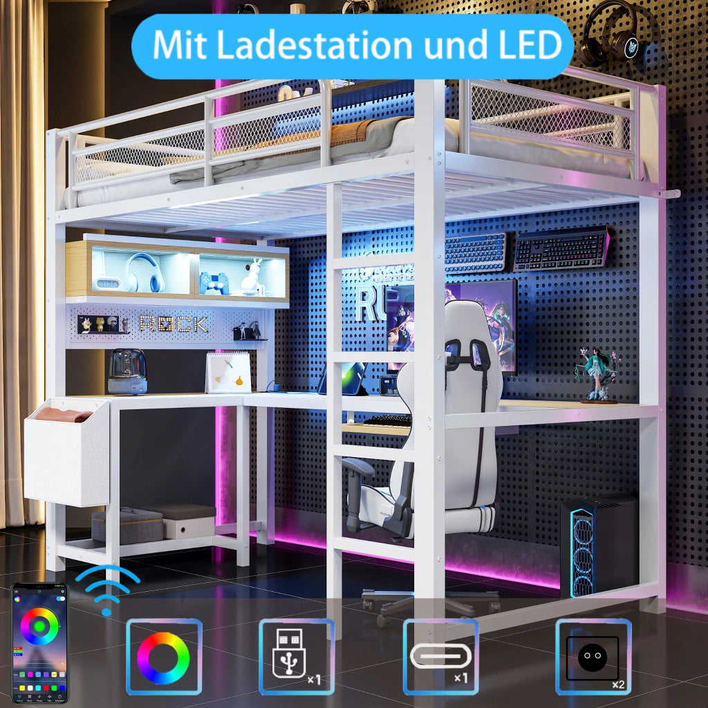 DESMIU Lit mezzanine 90 × 200 cm con scrivania, ripiani, LED, prese e USB, senza materasso, bianco