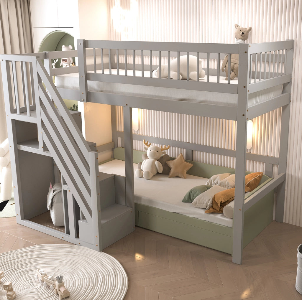 Letto a soppalco ULEVR 90x200 cm con scala contenitore e sponde alte, legno grigio