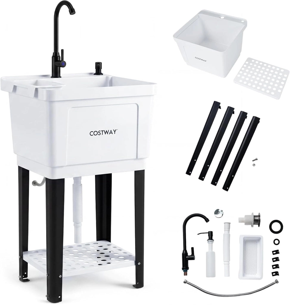 Lavandino da Esterno, Lavello Indipendente con Rubinetto Girevole a 360°, Distributore di Sapone, Vassoio di Raccolta e Ripiano Inferiore, Lavello per Giardino, Garage e Lavanderia
