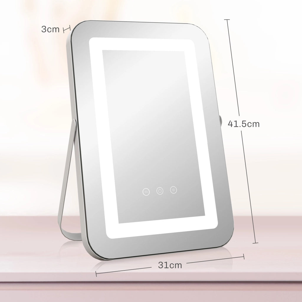 Specchio Trucco con Luci Regolabili a 3 Colori, Presa USB e Specchietto Ingranditore 10x, 31x41.5x3cm, Bianco
