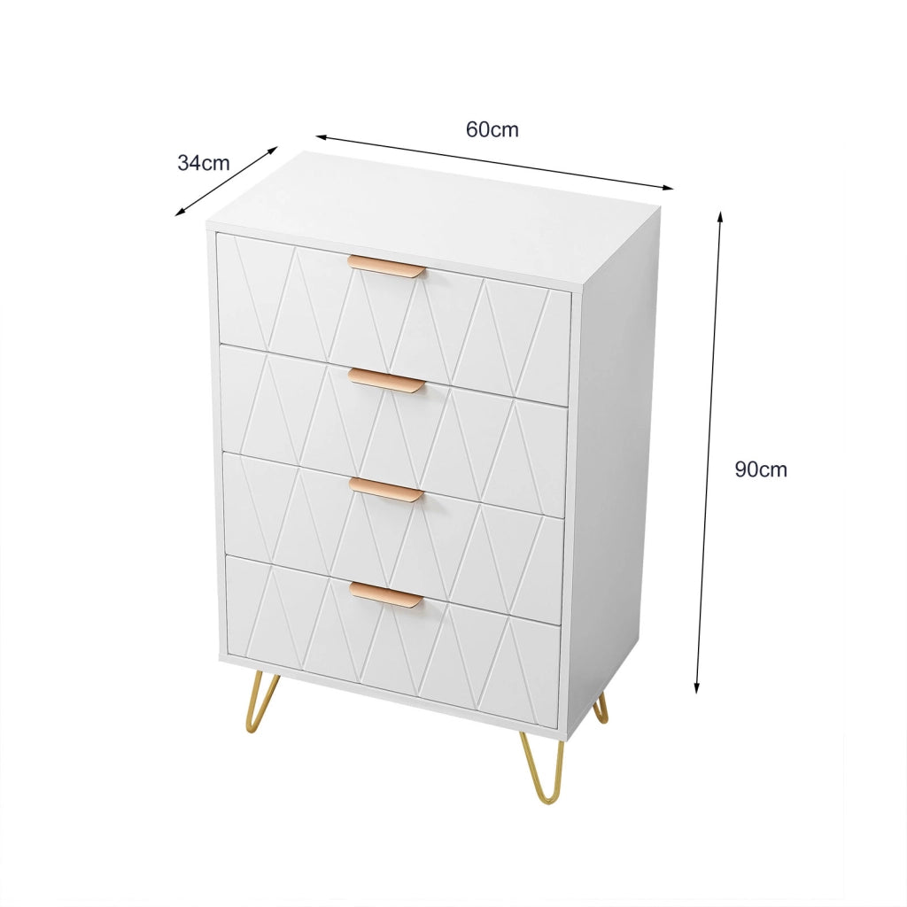 Cassettiera 60x34x90 cm 4 cassetti mobiletto salvaspazio mobile contenitore MDF e metallo - bianco