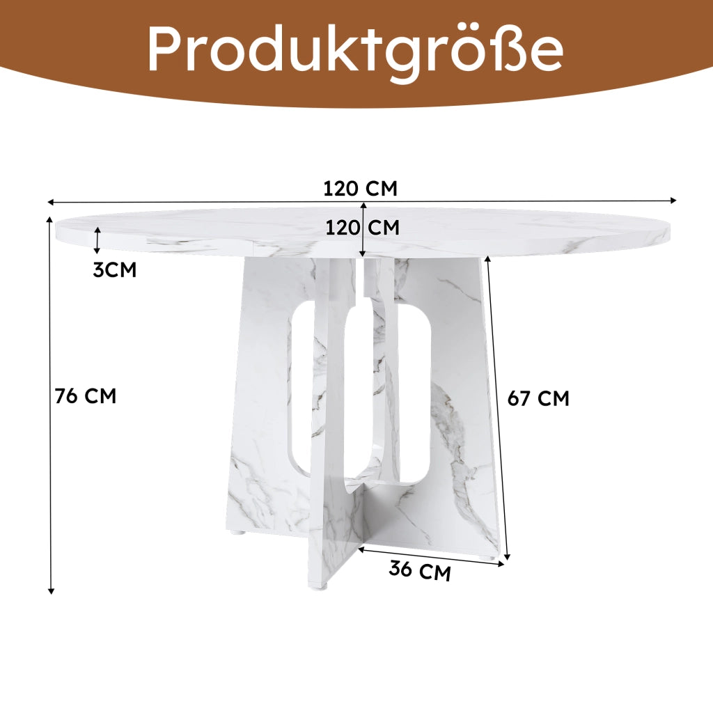 Tavolo da pranzo rotondo stabile in MDF con effetto marmo bianco per 4-6 persone per cucina e soggiorno Ø 120 × 76 cm