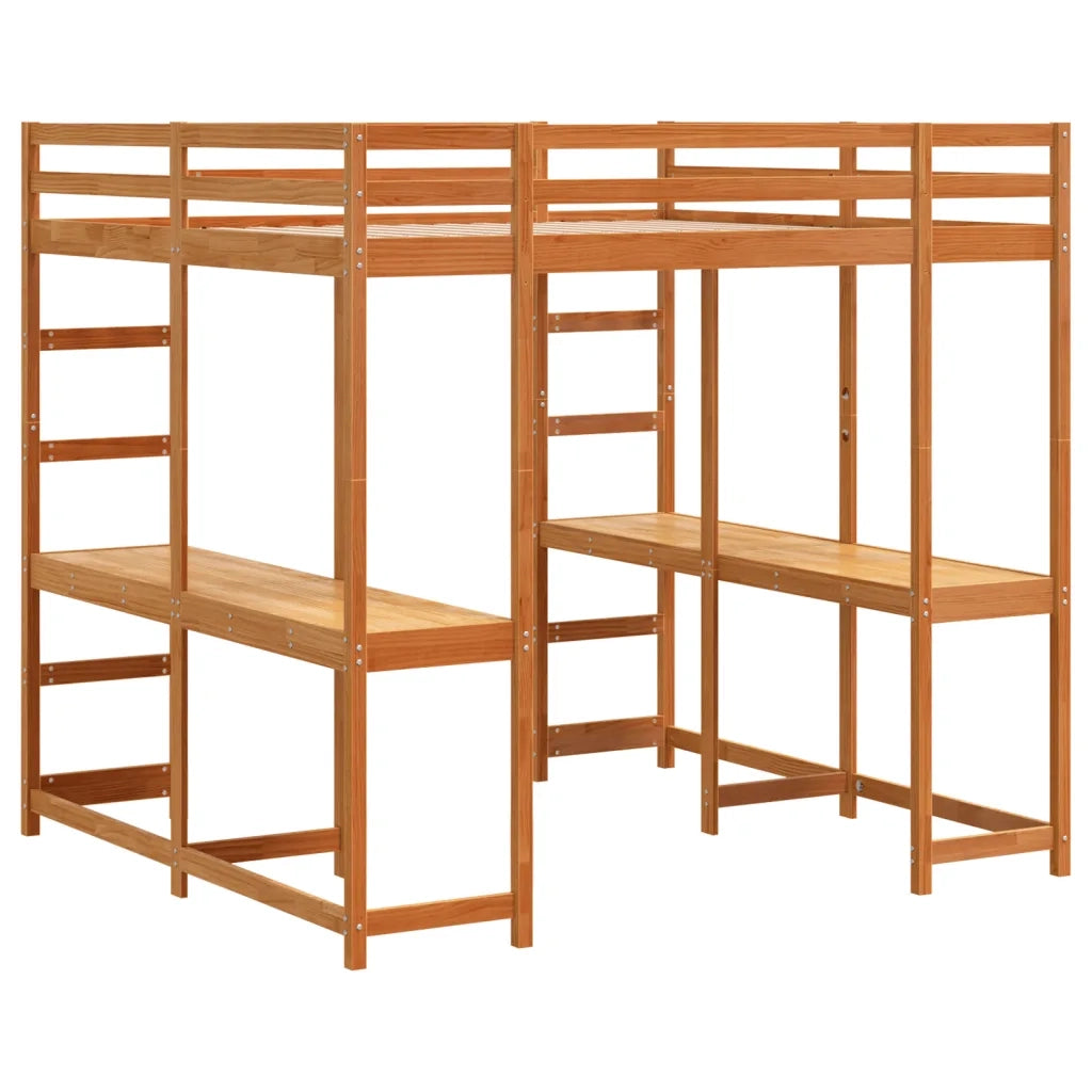 vidaXL Letto Soppalco Scrivania e Scala Marrone Cera 160x200cm Pino