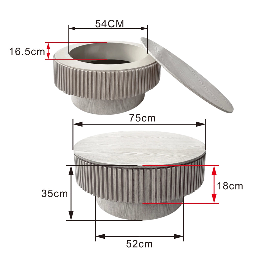 Tavolino basso rotondo con contenitore nascosto e design scanalato, per soggiorno e camera da letto, bianco vintage