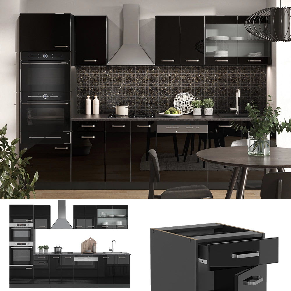 Vicco Cucina componibile Nero lucido/antracite 300 cm con armadio alto, PL Rovere