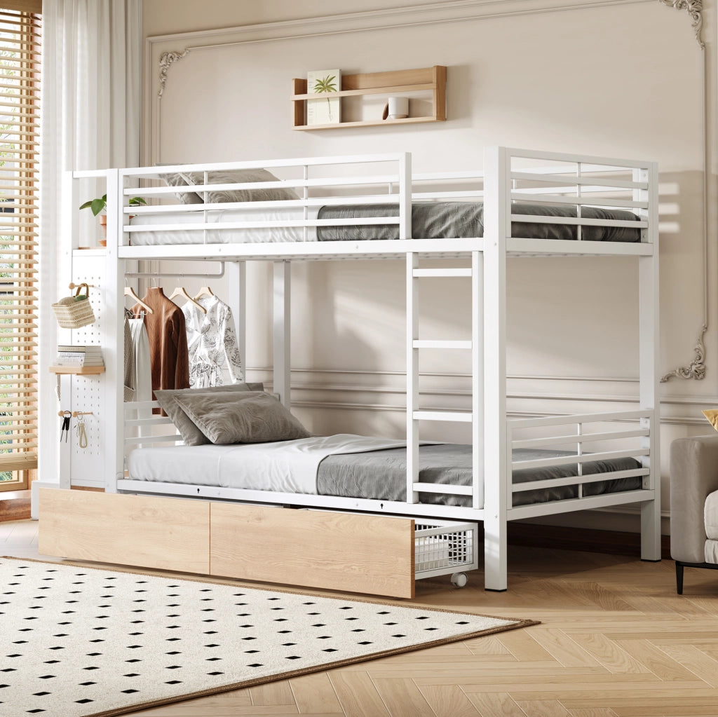 Letto a castello 90x200 cm in MDF e metallo; bianco; con LED e 2 cassetti
