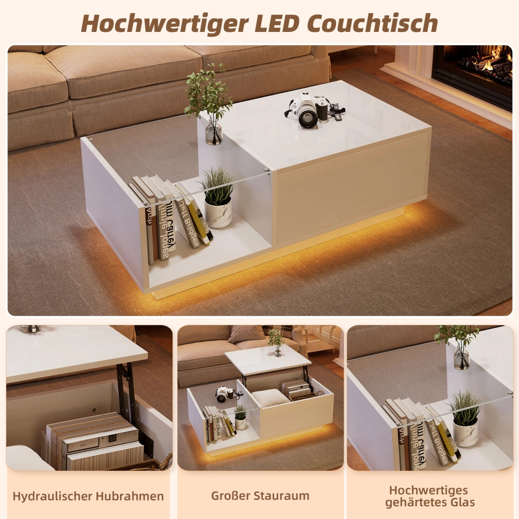 Tavolino basso sollevabile con LED APP, vano portaoggetti nascosto e ripiano aperto, bianco, 100 × 50 × 33 cm