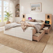 Letto matrimoniale 140x200 cm in legno con 2 cassetti, luci di lettura e USB, colore bianco e rovere