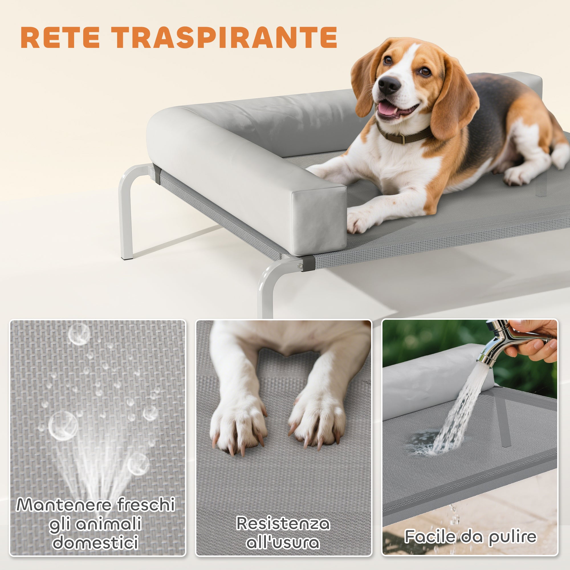 Brandina per Cani Rialzata 110x75x30 cm con Cuscino a L in Tessuto Grigio e Argento